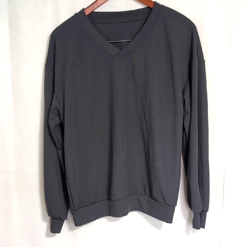 Dazy Dark Grey Ribbed Vneck Long Sleeve Warm Up Top Size Medium
